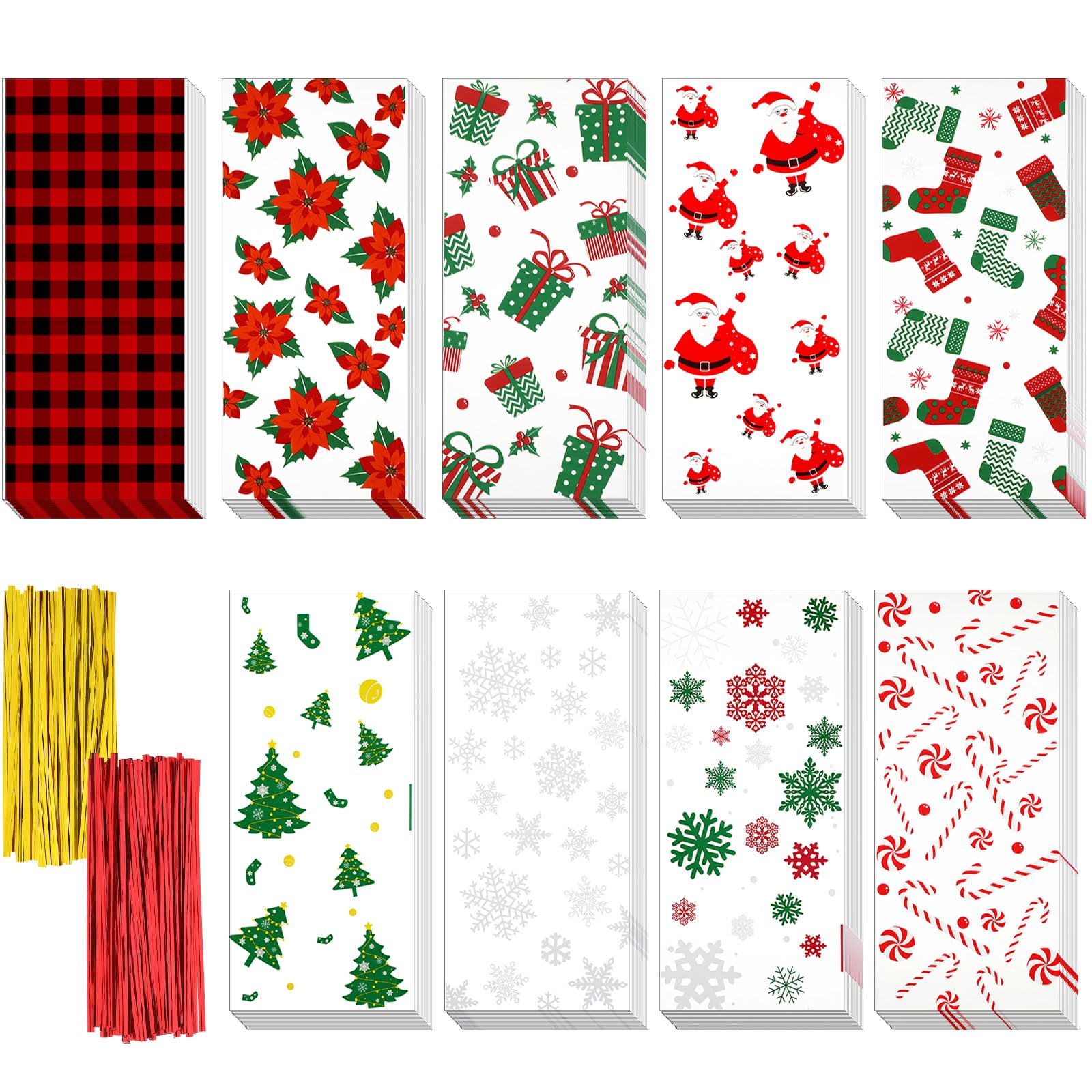 135 Counts Christmas Cellophane Bags 9 Styles Christmas Elements Cello Bags Holiday Wedding Candy Treat Bags with 200 Counts Twisted Ties for Christmas Festivals Party Supplies