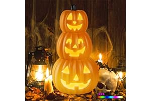 Lanpn 3 Stacked Halloween Pumpkin Lanterns Light Decor, 7 Color Cycle LED Light Jack O Lantern Classic Plastic Vintage Pumpkin for Indoor Outdoor Festival Party Decoration (Black, 16.9"x9")