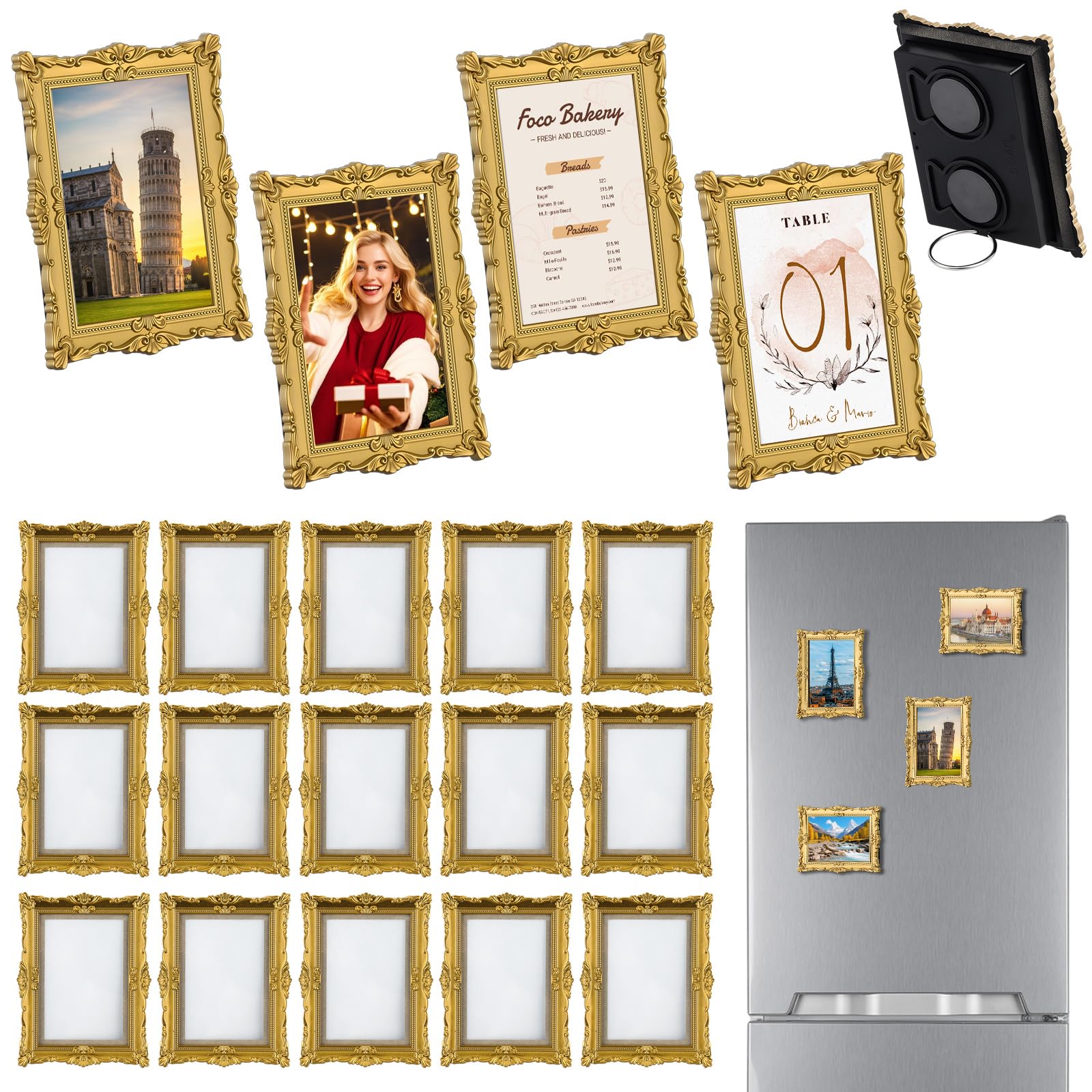 Photo 1 of Wonderjune 20 Pcs Vintage Mini Picture Frames for 2.5"x3.5" Wallet Size Picture DIY Magnetic Fridge Magnets Small Gold Ornate Photo Frame Antique Table Decor for Wedding Menu(Vintage)