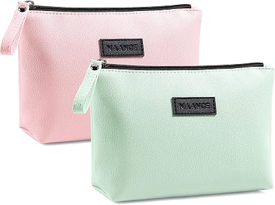 Maange Small Cosmetic Bag 2 Pcs Travel Makeup Pouch Waterproof PU Leather Pink