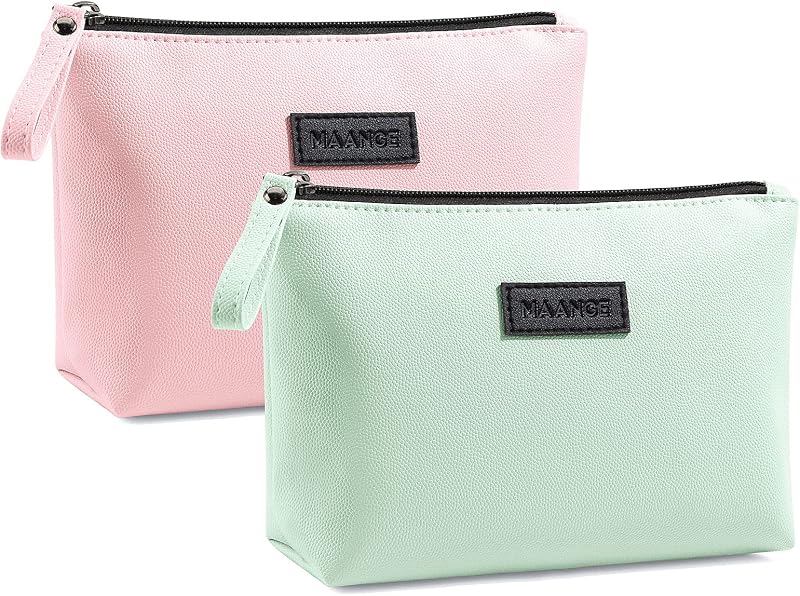 Maange Small Cosmetic Bag 2 Pcs Travel Makeup Pouch Waterproof PU Leather Pink