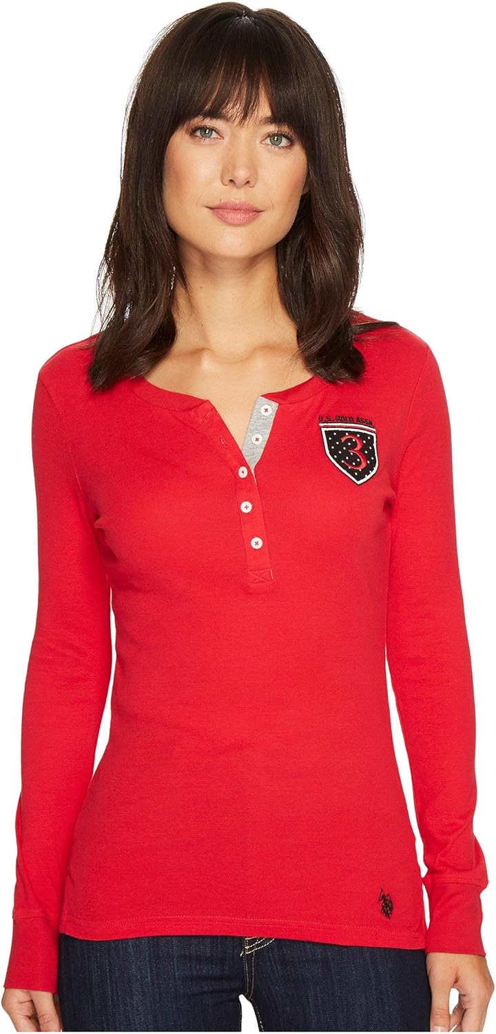U.S. POLO ASSN. Women's Long Sleeve Henley TShirt, Crimson, XSmall