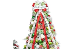 HISMIR Christmas Tree Topper Bow，53x13 in Large Christmas Bow with Printed Grinch-mas and Red Green White Dot Ribbon，Decorative Glitter Streamer Bows for Xmas Tree Door Festival Home Decor(White & Printed)
