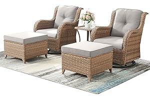 Rilyson Patio Furniture Swivel Chairs Set - 5 Piece Rattan Wicker Outdoor Sectional Conversation Sets with 2 Swivel Rocking Chairs,2 Ottomans and 1 Side Table for Porch Deck Garden(Yellow/Beige)