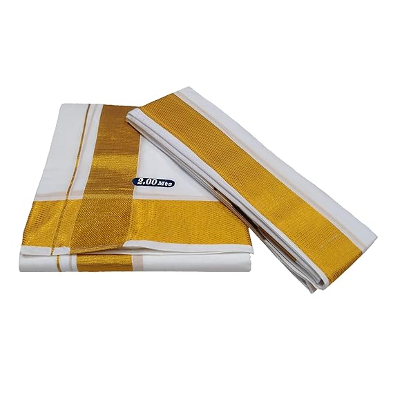Cotton Cool 100% Cotton Men's Traditional Dhoti + Angavastram Set Golden Big Border 2.5 Inch 2.00 Mts Dhoti + 2.00 Mts Angavastram Set (Pack of 2 Piece)
