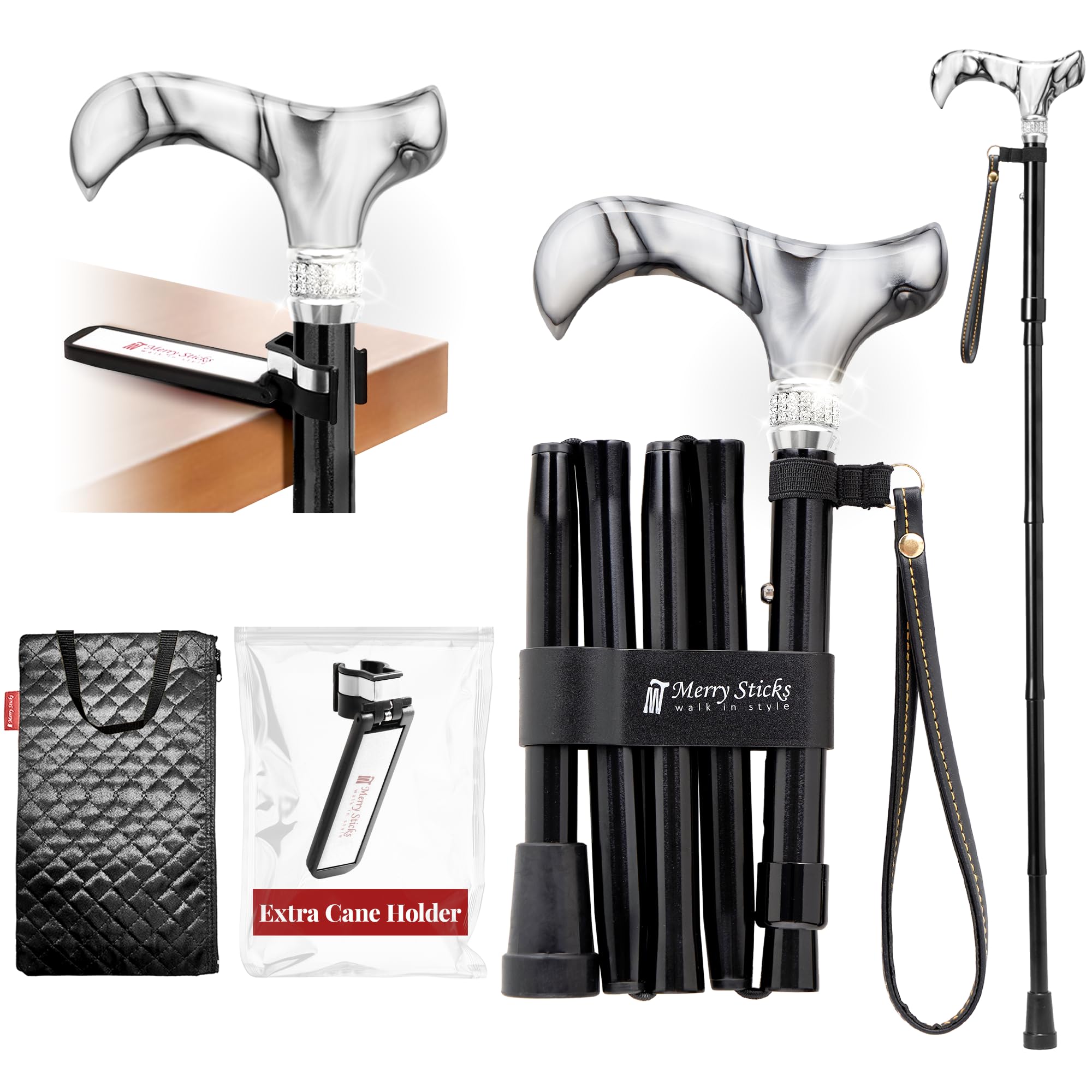 Merry Sticks Folding Adjustable Designer Walking Stick, Folding Stick, Royal Black with European Crystals, Includes a Stick Pocket and One Intelligent Reflective Stick Holder