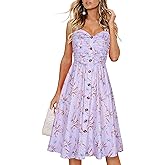 Drimmaks Women's Summer Casual Dress Florals Buttons Down Ruched Sweetheart Neck Sleeveless Midi Sundress