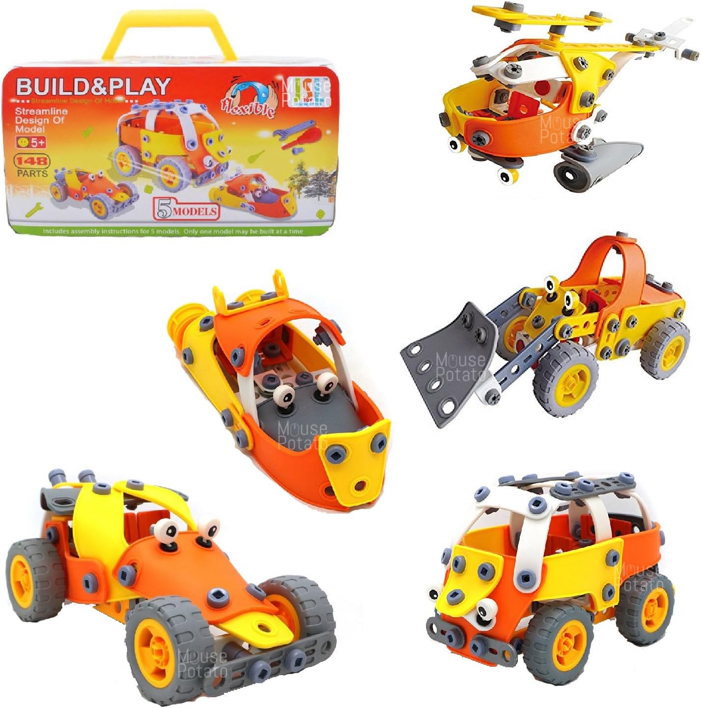 MousePotato 5 in 1 Flexible Motor Vehicle 3D Model Building Kit with Tool Box Toy (Multicolour)
