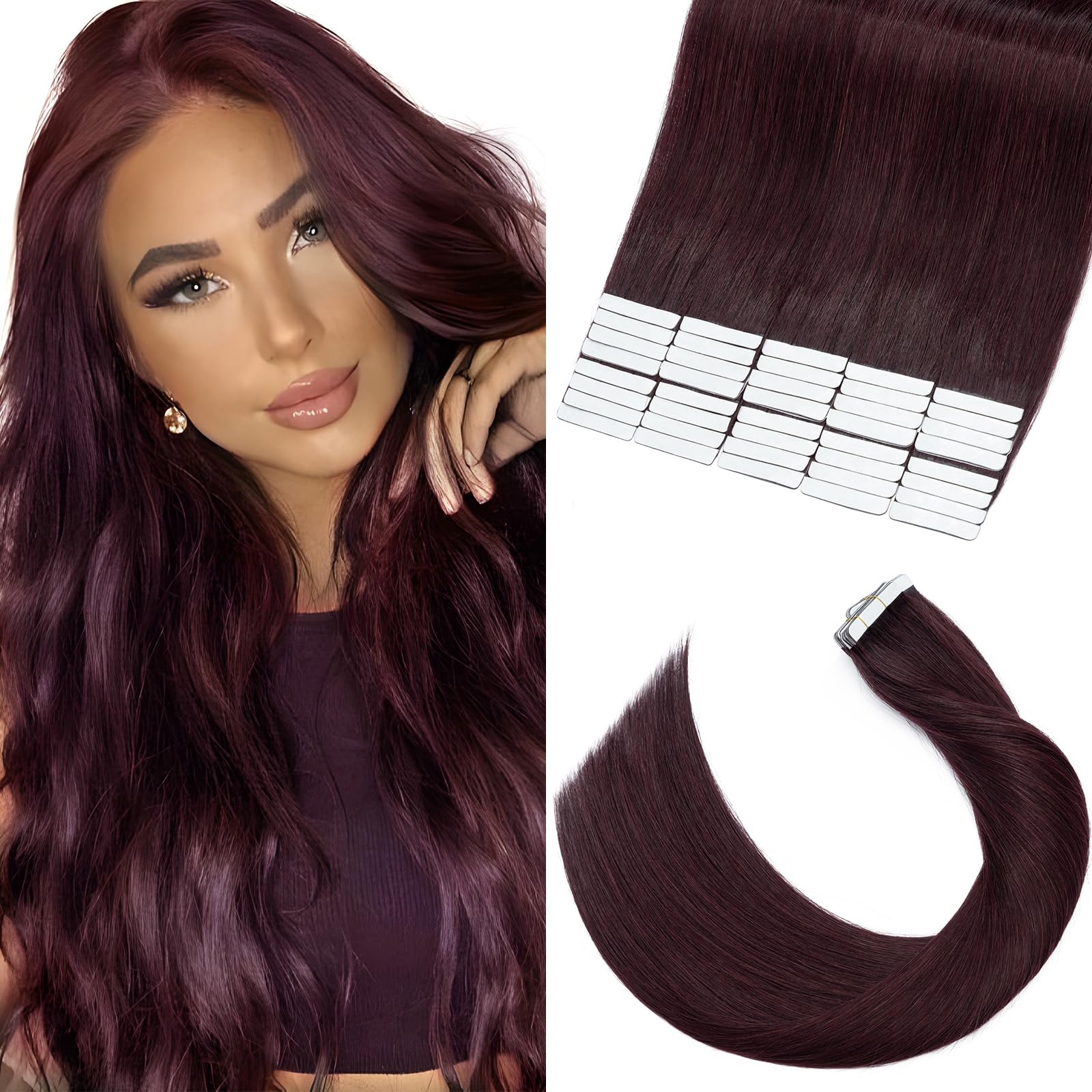 Elailite 40 Pcs Tape in Hair Extensions Real Human Hair Full Head - 100% Natural Remy Hair Straight Seamless Skin Weft (#99J Wine Red, 18 Inch-100g) — image 1