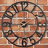 Outdoor Clock for Patio, Silent Non-Ticking Battery Operated Black Metal Outdoor Wall Clock with Large Arabic Numerals, Vintage Farmhouse Decorative Clock Pool, Garden, Porch, Living Room &ndash; 14 Inch