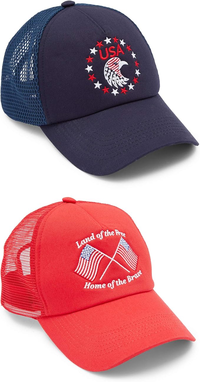 Patriotic Trucker Hats for Men, American Flag, Eagle (One Size, 2 Pack