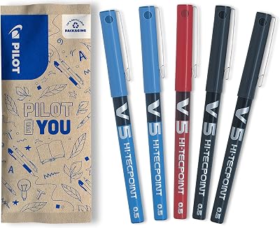 PILOT Hi-Tecpoint V5 Rollerball Pen Set of 5 Blue Black Red