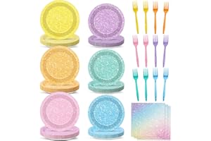 CHUNNIN 96Pcs Pastel Rainbow Party Plates and Napkins Forks for Colorful Rainbow Birthday Decorations Baby Shower Glittery Plates Set for 24 Guests Birthday Party Supplies Favors