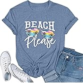 Summer Hawaiian Shirts for Women Funny Palm Graphic Tees Beach Please Letter Print Short Sleeve Vacation Casual Tops