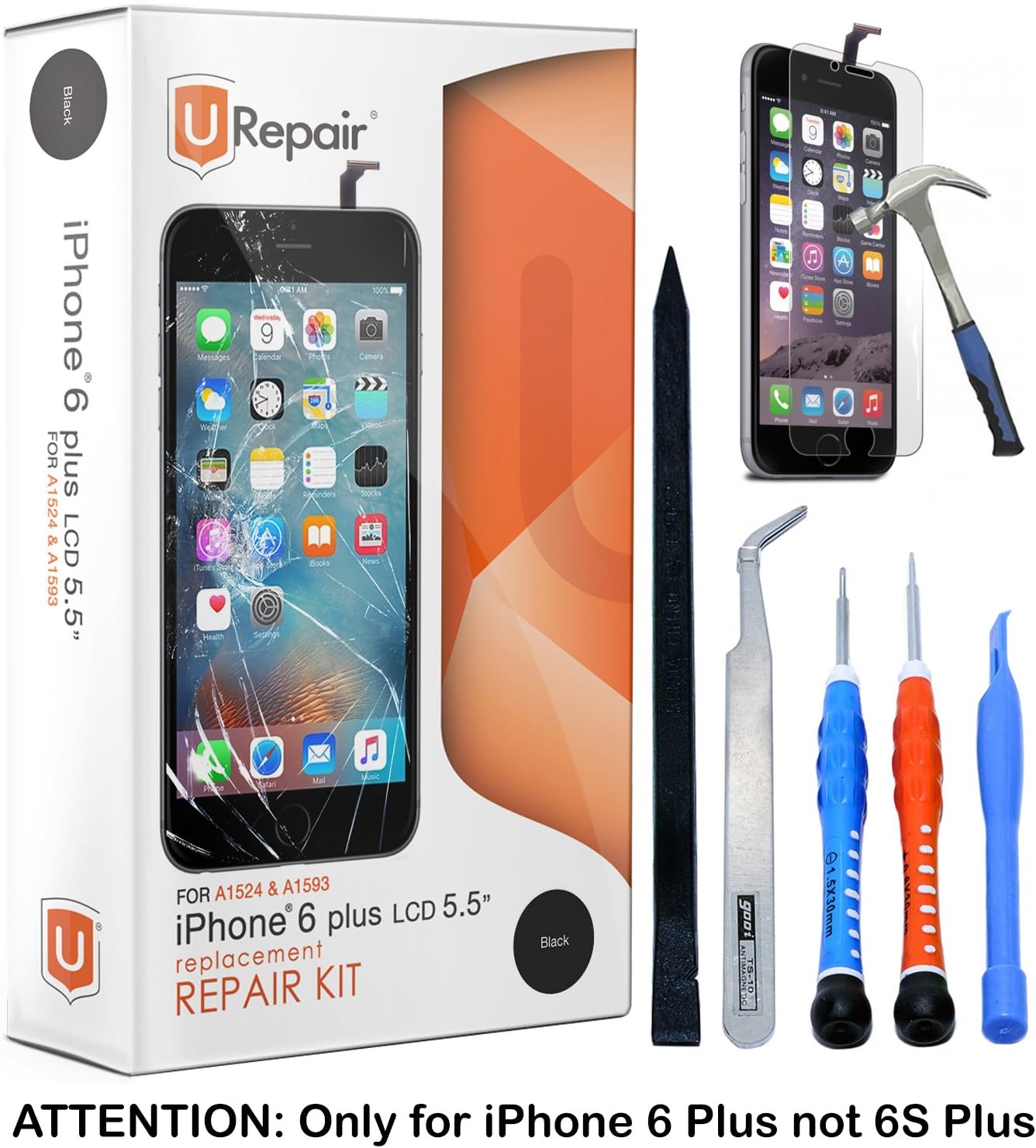 iPhone 6 Plus Screen Replacement - Black - LCD Premium Complete Repair Kit with Tools - Easy Manuals Videos and Instructions - ONLY FOR iPHONE 6 PLUS by uRepair