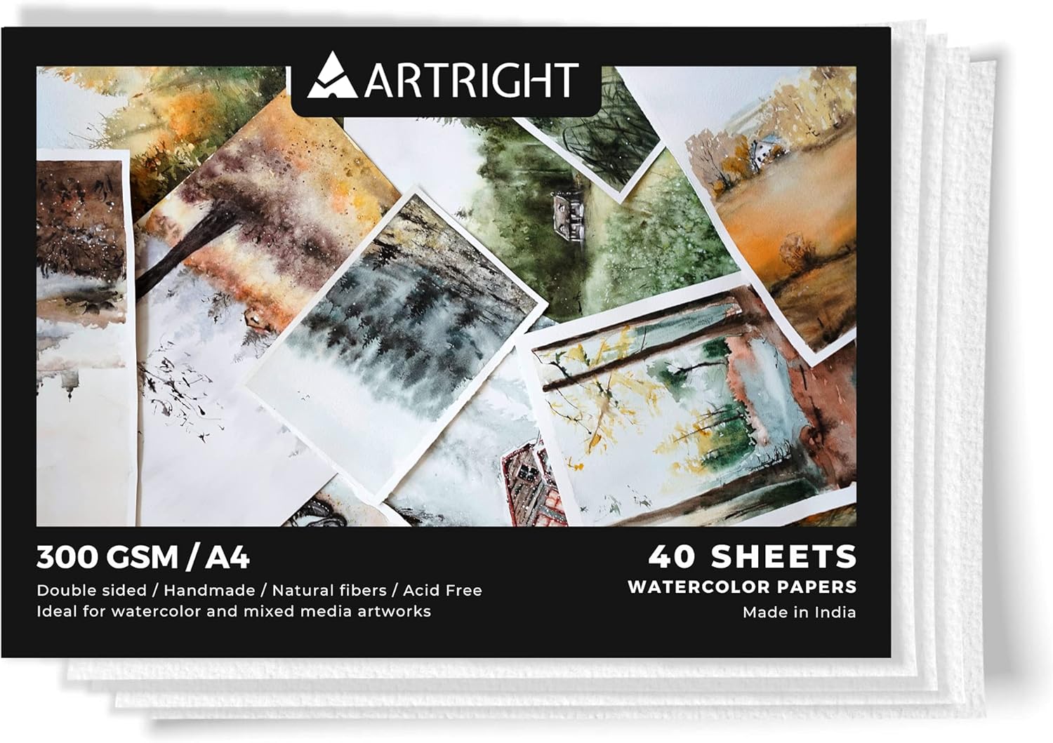 ArtRight Watercolor Paper 300 GSM A4 (Pack of 40) Handmade Papers for Watercolour, Acrylic