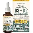 Organic Plant D3 + K2 (5000 iu D3) - All-Trans MK7 from MenaQ7 (120 mcg K2) - 100% Organic & Plant-Based Sublingual D3 Drops (Cholecalciferol), 100% Vegan - Supports Immunity, Bone(1oz)