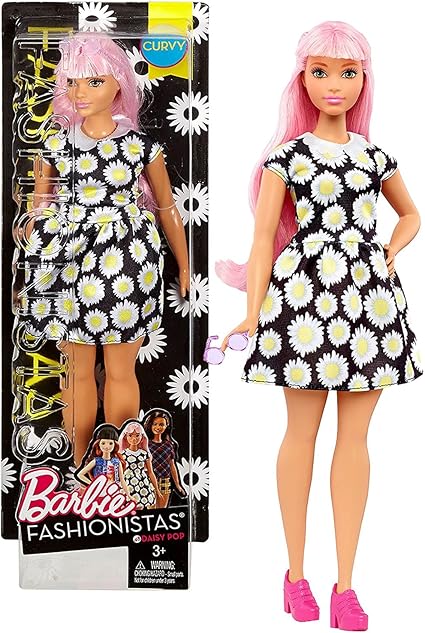 Amazon.com: Mattel muñeca de Barbie Fashionistas 12 inch Año 2016 – Caucasian Curvy (DVX70) con mango largo rosa de pelo en Daisy Pop negro vestido con anteojos de sol: Toys \u0026 Games