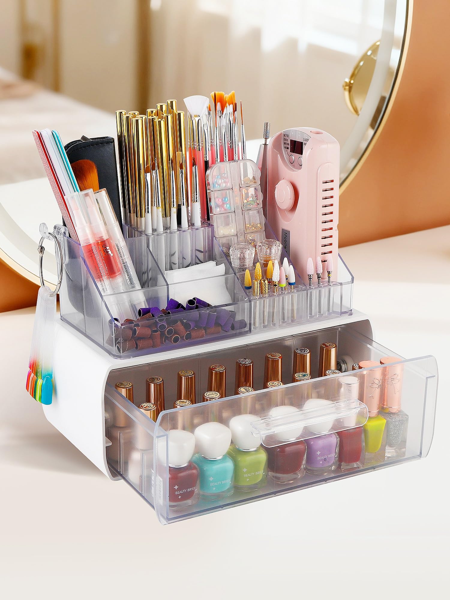 Photo 1 of LIARTY Nail Drill Holder with Drawer: Acrylic Nail Drill Bits Holder Makeup Organizer Case for Brush - Beauty Cosmetic Storage Box for Dresser Countertop and Bathroom Vanity