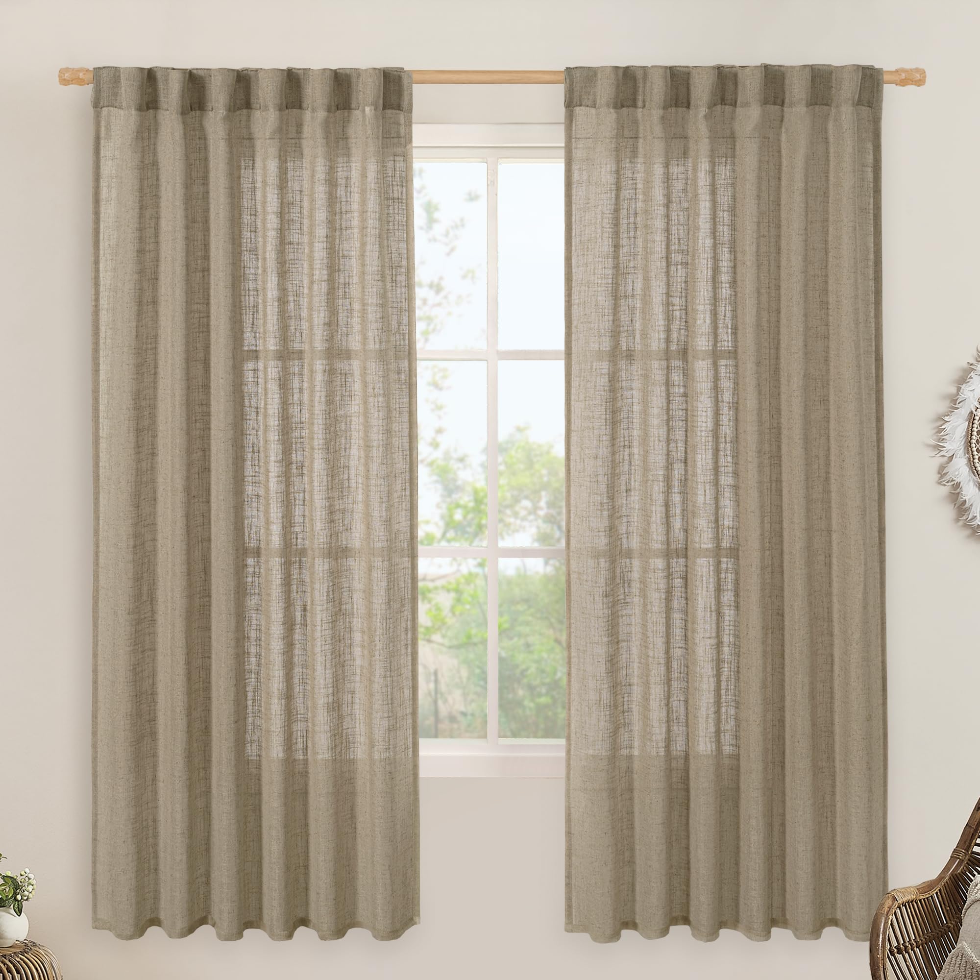 LAMIT Taupe 72 inch Linen Curtains for Living Room 2 Panels, Linen Textured Light Filtering Semi Sheer Back Tab and Rod Pocket Curtain Panels for Bedroom/Farmhouse, 52 x 72 Inch Image