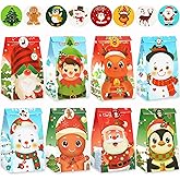 FEBSNOW Christmas Gift Bags 20Pack Holiday Goody bags with Stickers, Small Candy Treat Bags for Kids Xmas Cookies Goodies Wrapping Bags Kraft Paper Bags for Festival Party Favors Supplies