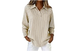 Button Down Shirts for Women Oversized Striped Long Sleeve Collared V Neck Blouses Summer Casual Loose Business Tops