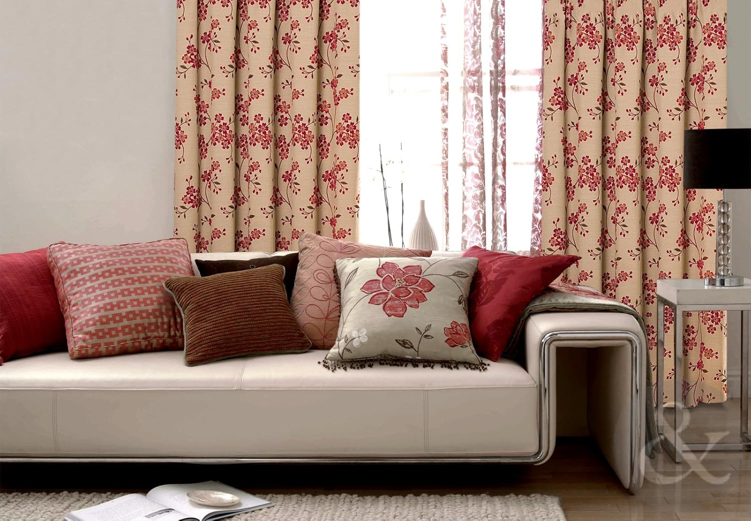 CLEARANCE WOVEN CURTAINS 90x90 Heavyweight Red Beige Pencil Pleat Lined