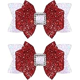 Glitter Hair Bow Clips 3.5 Inch Sweet Hairpins Girls Teens Sparkly Hair Accessories for School Birthday Holiday Party Decor, White&Red