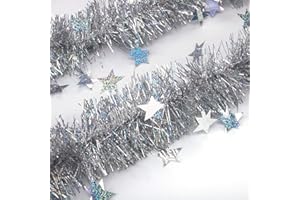 ARCCI Silver Christmas Tinsel Garland Star Sparkly Hanging, 20 ft Classic Thick Colorful Reflections Shiny Sparkly Soft Party Hanging Tinsel Ornaments Ceiling Xmas Tree Decorations