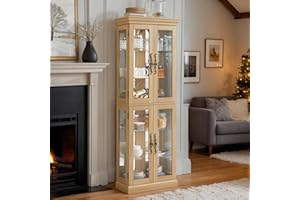 CKEASEAN Lighted Curio Cabinet 71" Vintage Glass Display Case with Adjustable Shelves, 4 Tempered Glass Doors, Bulb Included, Wooden Square Wine Bar China Cabinet for Living Room Liquor Storage (Light Oak)