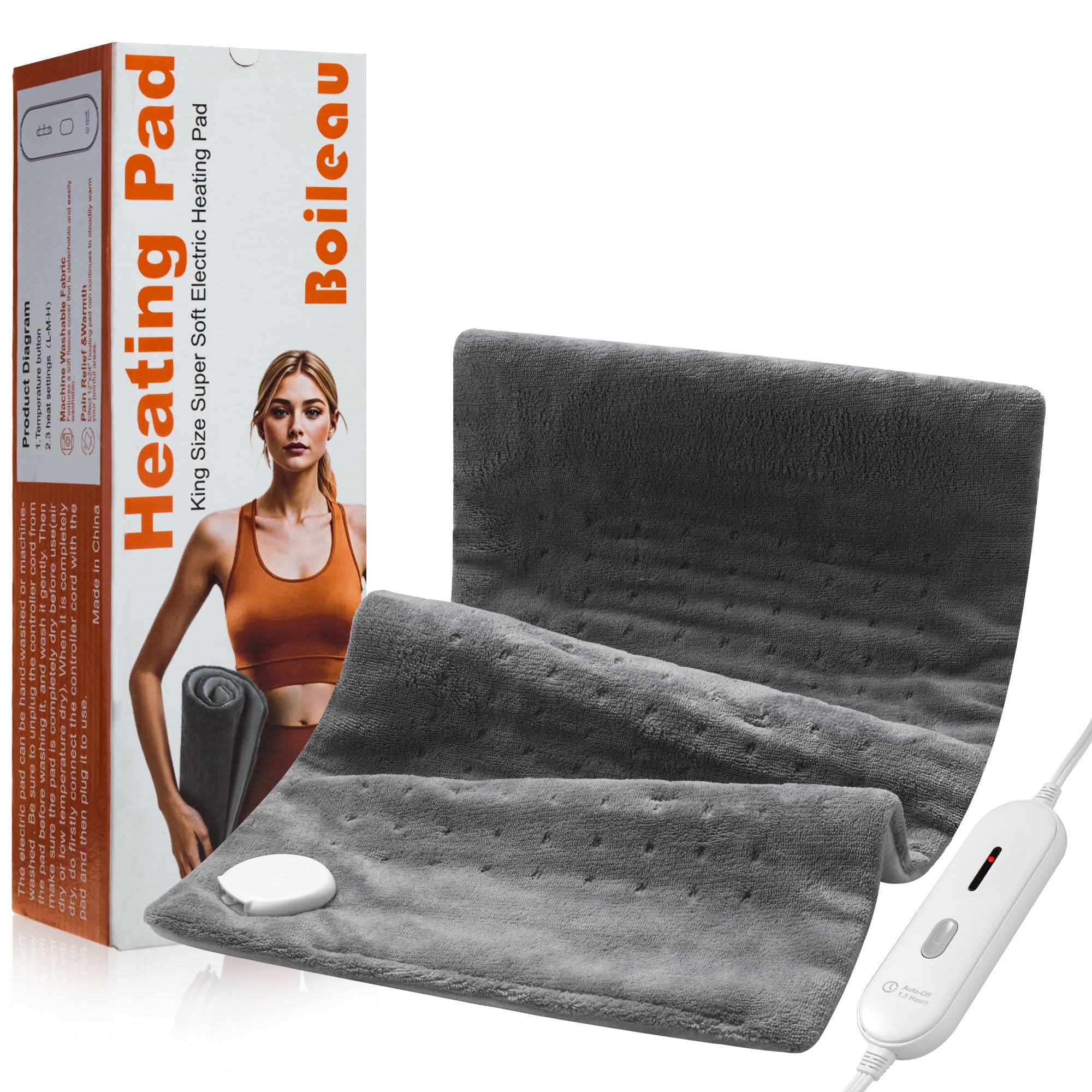 Photo 1 of Boileau Electric Heating Pad for Back Pain Relief, 12"x24" XL Large and 3 Heating Levels Heat Pad for Cramps, Auto Shut Off and Machine Washable, Gifts for Men and Women, Grey