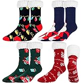 Mumucove 4 Pairs Mens Christmas Slipper Socks with Grippers Fuzzy Winter Cozy Fluffy Fleece Lined Warm Slipper Socks Thick Non Slip Soft Socks for Holiday Xmas Gifts Home