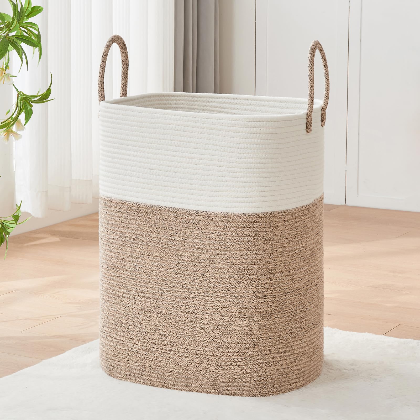 AINUOQI Laundry Basket with Handles - Blanket Basket & Hampers for Bedroom Aesthetic, Laundry Hamper & Blanket Storage for Living Room, Clothes Hamper, Tall, Large 17" x 14" x 26”, White & Rice Brown Image