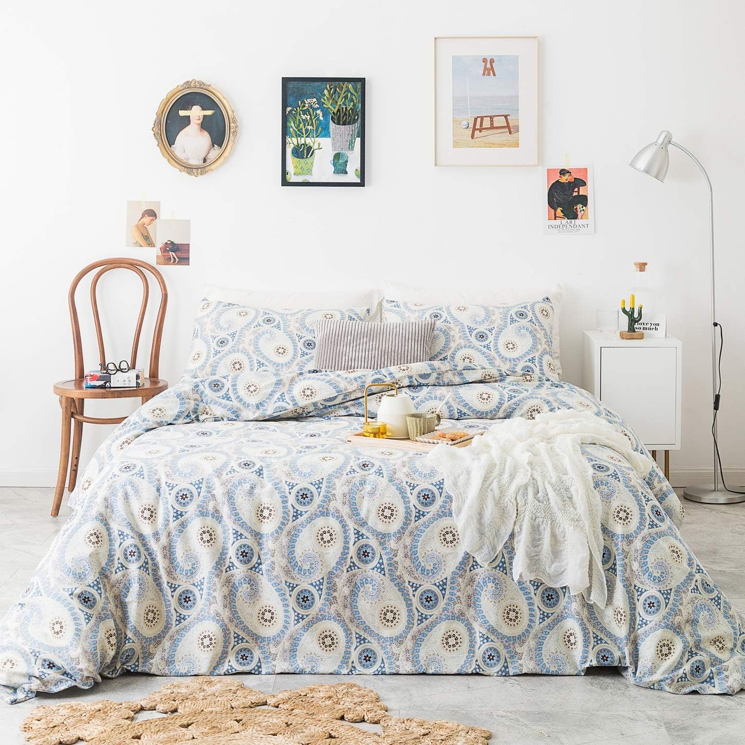 SUSYBAO 3 Pieces Duvet Cover Set 100% Cotton King Size Blue Paisley Bedding Cover Set 1 Damask Duvet Cover with Zipper Ties 2 Pillowcases Bohemian Geometric Print Luxury Quality Soft Breathable