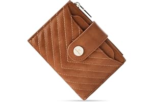 Sunpour Small Wallet for Women Leather Bifold RFID Blocking Card Holder Wallet Compact Card Wallet Woman with Zipper Coin Pocket (Quilted, Brown)