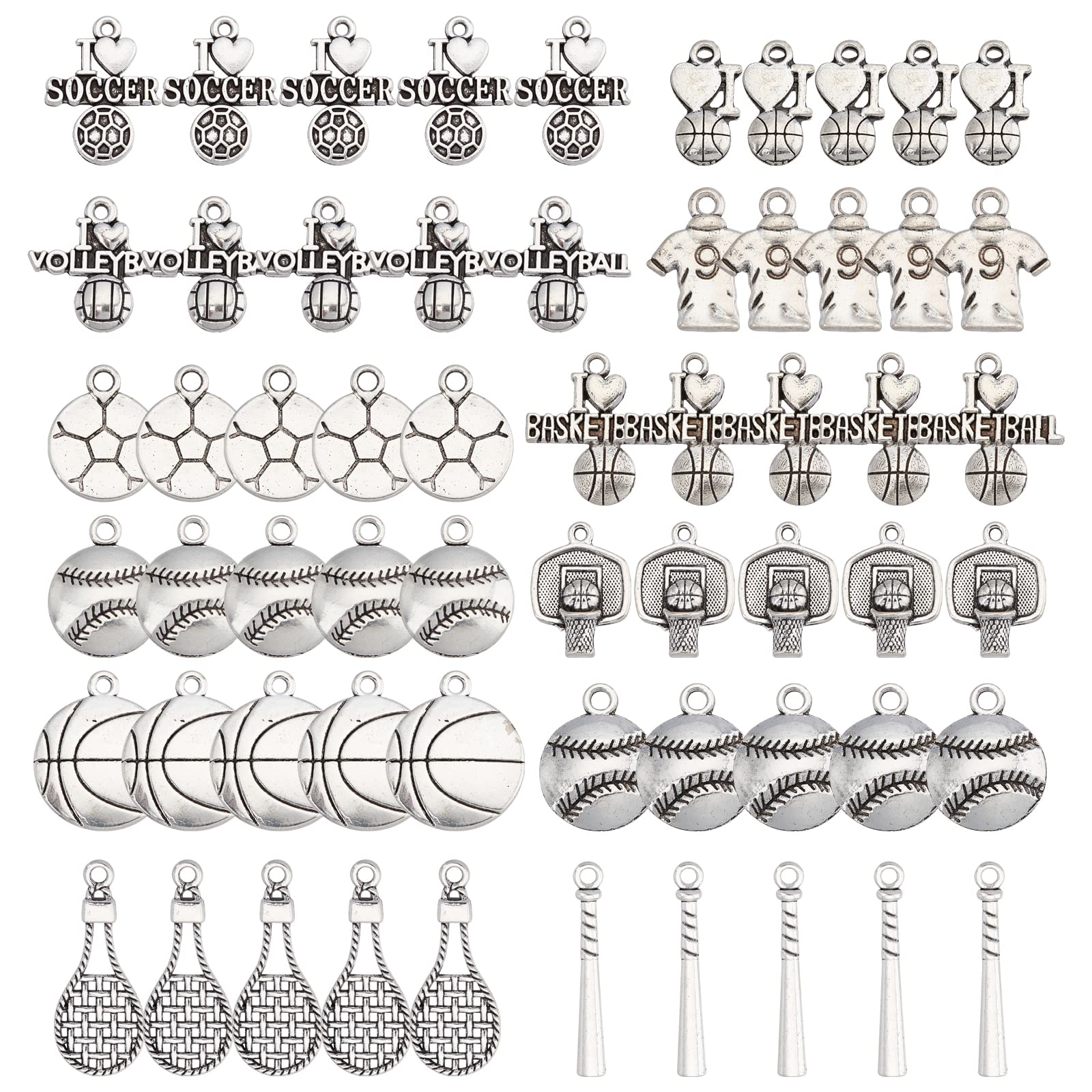 SUNNYCLUE 1 Box 96Pcs 12 Styles Sports Charms Tibetan Style Ball Games Baseball Football Soccer Basketball Love Alloy Pendants for Jewelry Making Charms Bracelets Necklaces Findings, Antique Silver