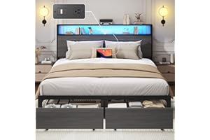 Lifezone Queen Bed Frame with 2-Tier Storage Headboard, Metal Bed Frame with Storage Drawers & Built-in Charging Station & LED, Noise-Free, No Box Spring Needed, Easy Assembly, Rustic Grey