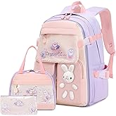 FIXITOK Girls Backpack Set, 3PCS Kids Backpack for Girls, Kawaii Bunny School Backpacks for Girl Kindergarten Elementary Preschool Middle School Bags with Lunch Box Pencil Case Purple