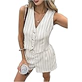 Milumia Women's 2 Piece Vacation Outfit Striped Button Down Blazer Vest and Shorts Set