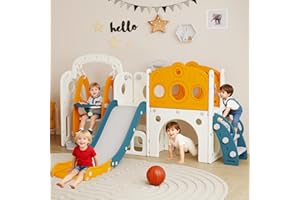 DOREROOM 9 in 1 Toddler Slide and Swing Set, Slide for Toddlers 1-3, Kids Indoor Outdoor Playset Playground with Basketball Hoop, Telescope