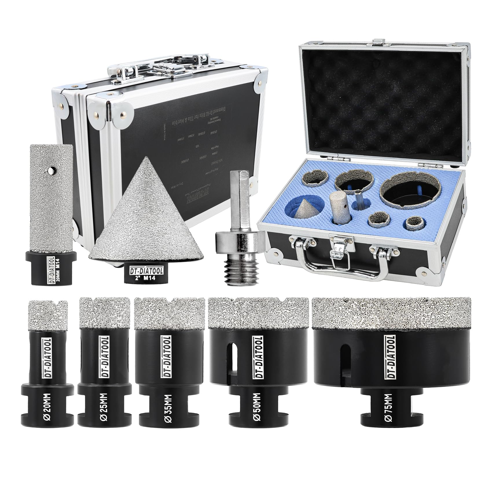 DT-DIATOOL Diamond Core Drill Bits Kit- 20/25/35/50/75mm with 50mm Diamond Chamfer Bit and 20mm Diamond Finger Bit M14 Thread and Hex Adapter Hole Saw Set for Porcelain Ceramic Tile Marble Granite โ image 1