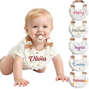 Personalized Embroidered Muslin Baby Bib, Custom Soft Cotton Drool Bibs with Lace Trim & Bow, Teething Drool Bib for Baby Boy