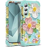 SleekCover Compatible with Galaxy A16 5G Case,3 in 1 Oil Painting Flower Pattern Heavy Duty Shockproof Protection Silicone Rubber Bumper+Hard Plastic Protective Cover for Samsung A16 6.7",Green Flower