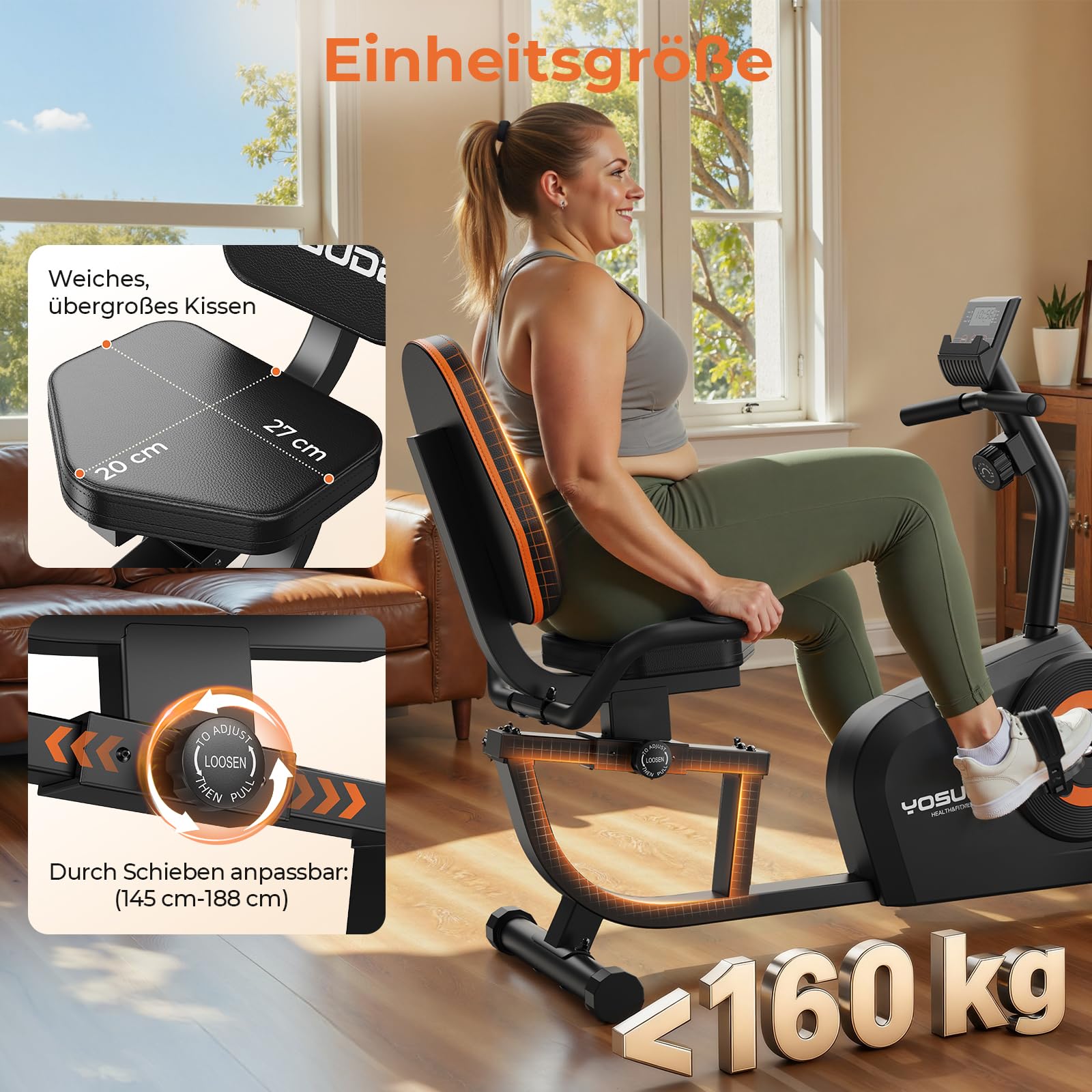 YOSUDA Liegeergometer Testsieger, 16 Widerstufen, Magnetbremse, Leise Liegerad Heimtrainer, verstellbarer Sitz, einfache Montage, LCD-Display und Pulssensoren, 160kg, Heimtrainer Fahrrad für Zuhause 6