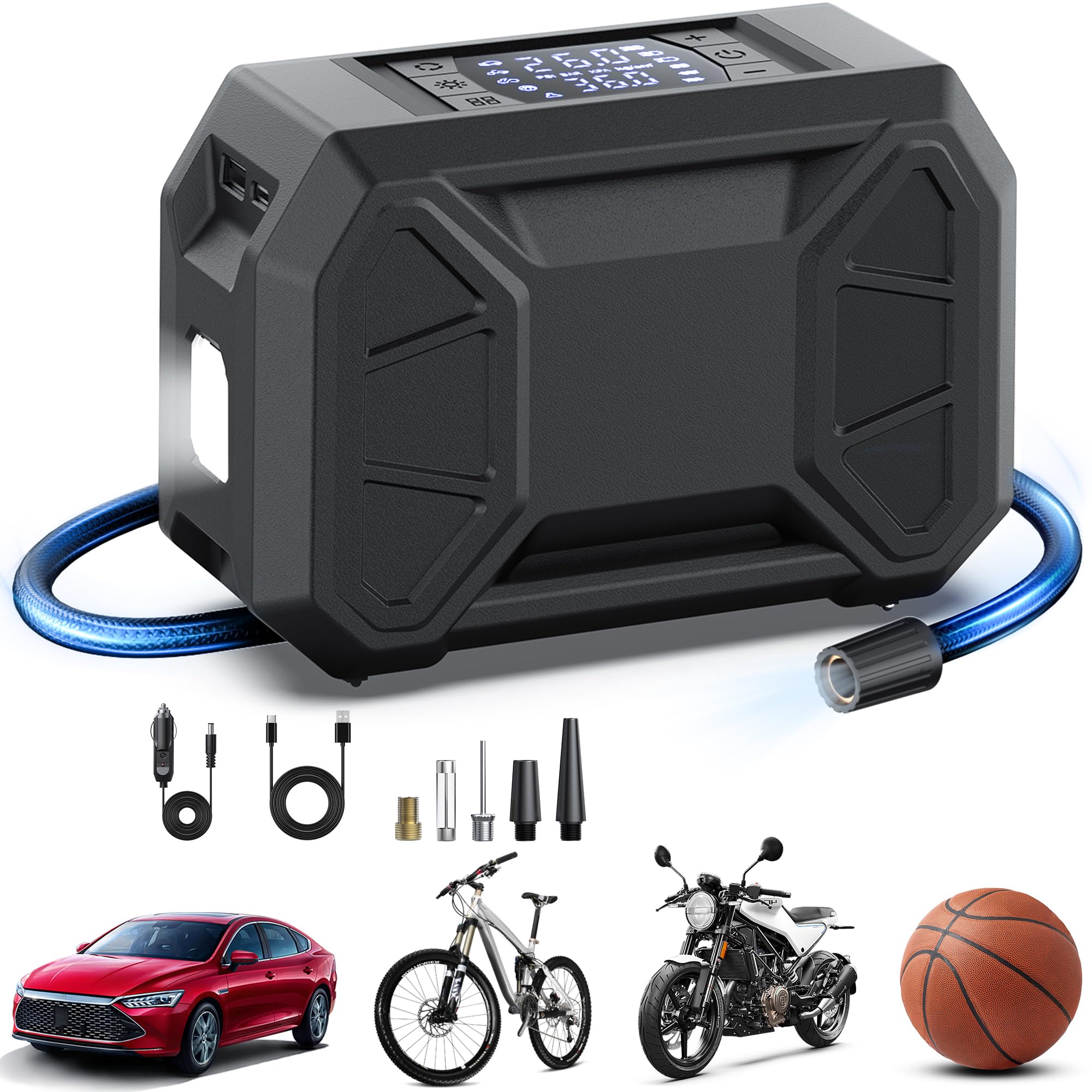 Photo 1 of Pumptiva Tire Inflator Portable Air Compressor, 150 PSI Cordless Tire Pump for Car Tire 12V DC Dual Power Battery Tire Inflator Air Pump with Pressure Gauge LED Light for Car, Motorcycle, Bike, Ball