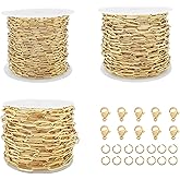 49 Feet Stainless Steel Paperclip Chains for Jewelry Making Gold Plated Bulk Bracelet Necklace Chain with Lobster Clasps and Jump Rings (3mix Size)