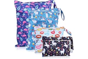 FLOCK THREE Waterproof and Reusable Wet Bag Diaper Stroller Water Resistant Swimsuit Travel Toiletries Yoga Gym Washable Carrier Small Medium Large Flamingo 4 Pack