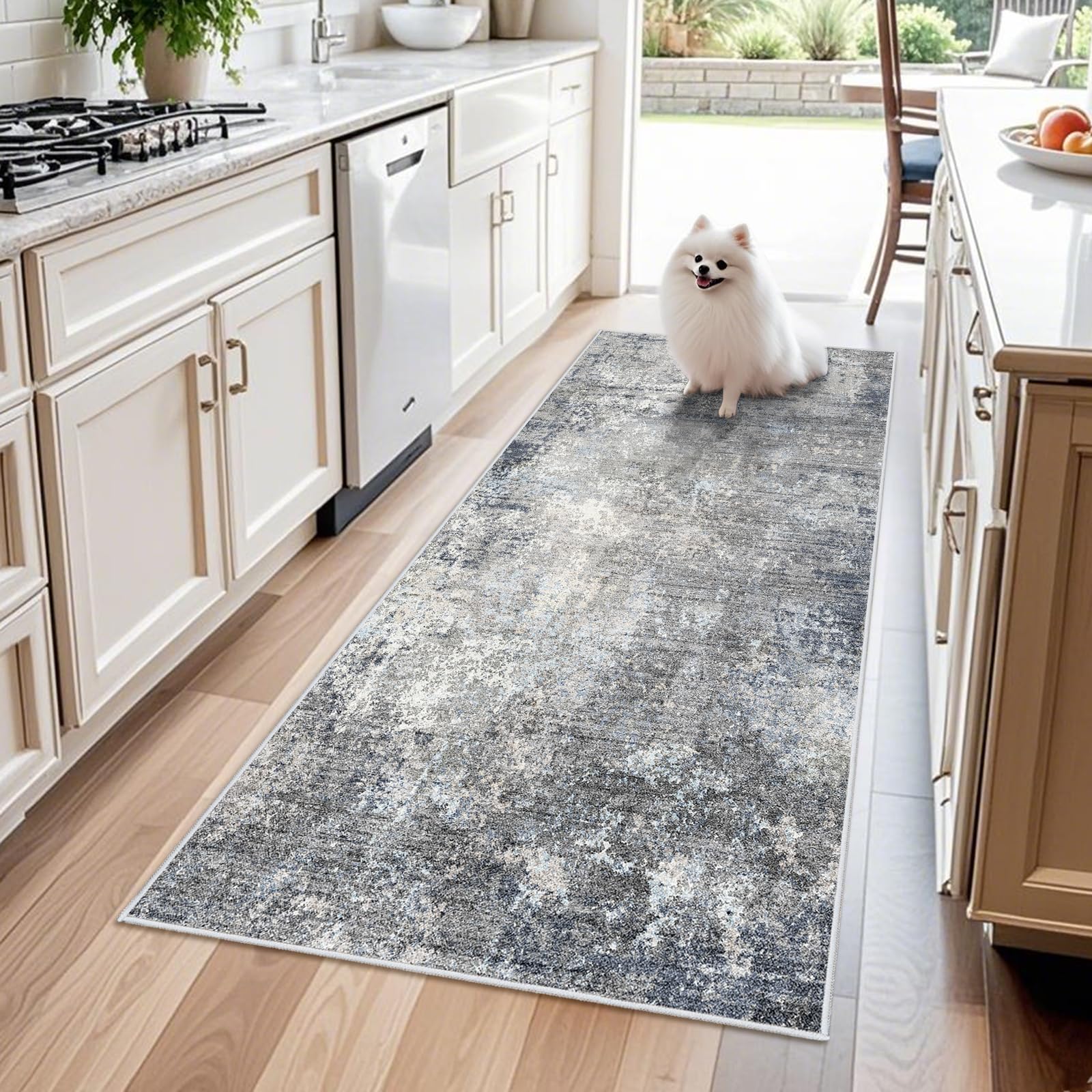 Photo 1 of 3x6 Washable Kitchen Runner Rug - Non Slip Stain Resistant Low-Pile Thin Wide Carpet Runners for Entryway Hallway Bathroom Bedside,Modern Neutral Abstract(Blue Grey,3x6)