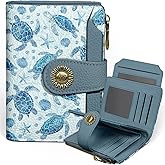 Icycay Sea Turtle Small Wallet Women RFID Blocking Bifold, Credit Card Holder, Zipper Coin Pocket, PU Leather, Cute, Compact, Travel, 4 ID Window, 14 Card Slots, Cash Purse, Ladies Woman Female Girls