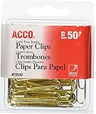 ACCO Gold Tone Jumbo Paper Clips, Smooth Finish, Steel Wire, 20 Sheet Capacity, 50 Clips / Box (A7072532)